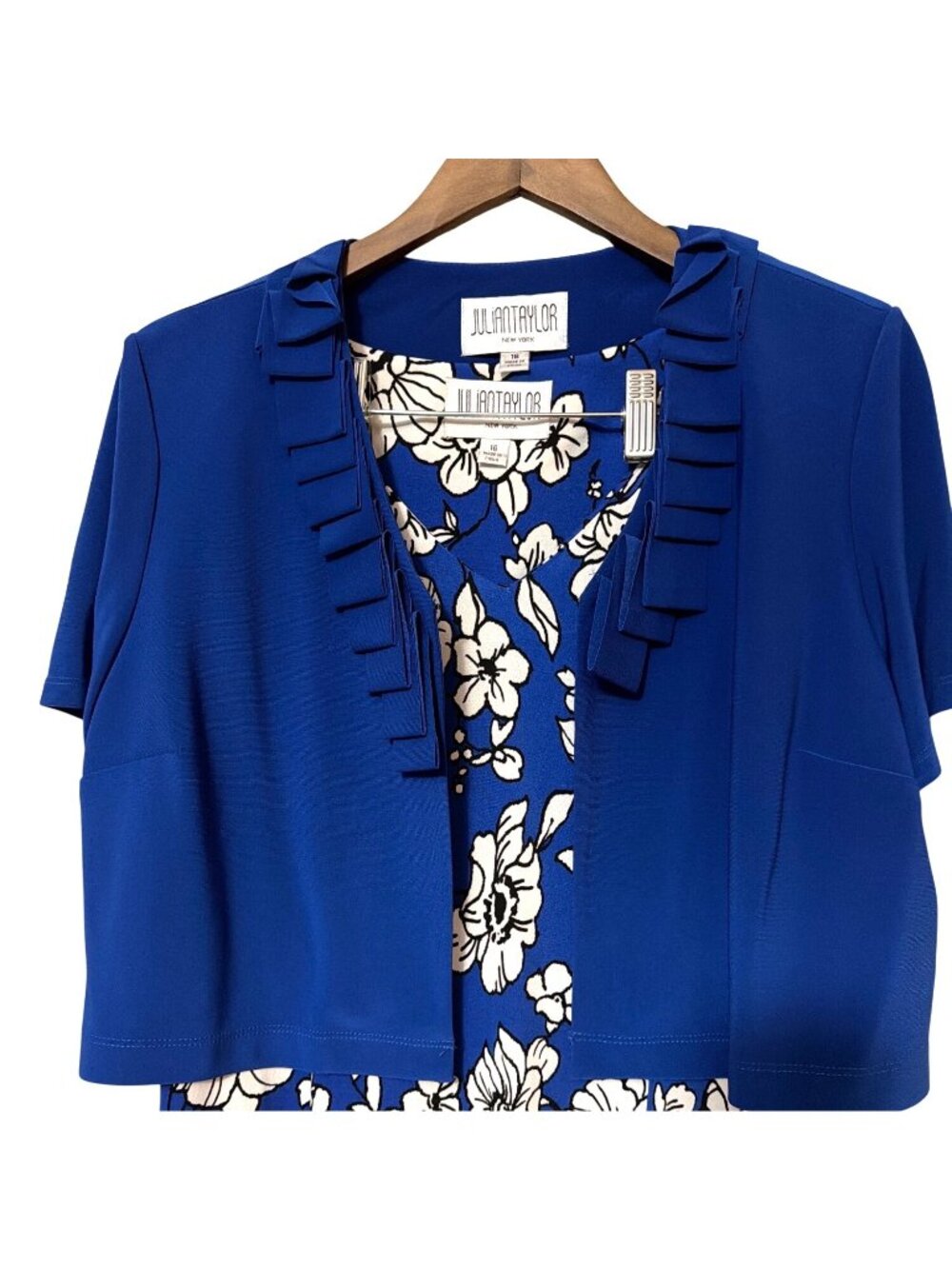 Julian Taylor Womens Blue & White Floral Dress With Ruffled Cardigan Size 16 - Picture 2 of 7